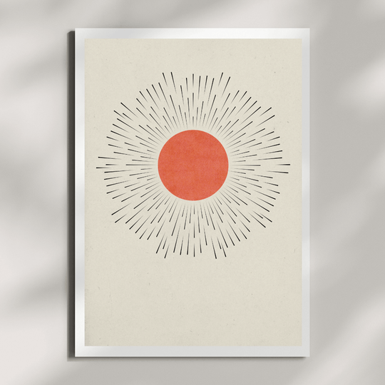 Minimalistisches Zen Wandbild mit stilisierter Sonne und Strahlen im Japandi-Stil, A4 Größe.