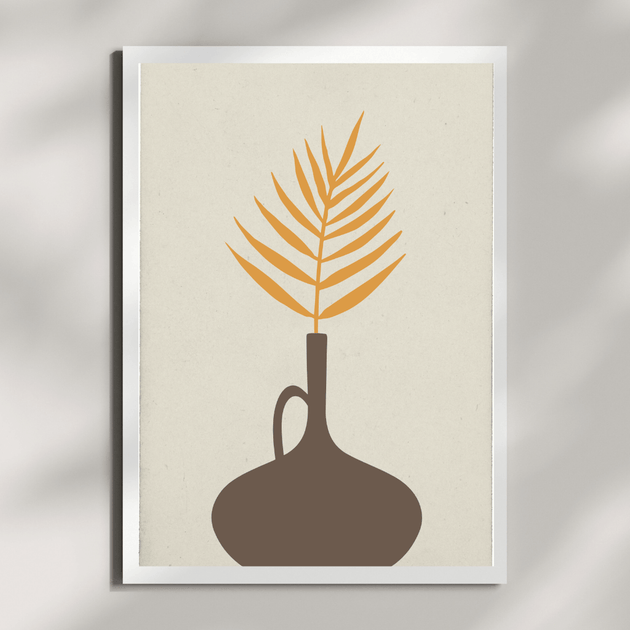 Minimalistische Boho Poster mit braunem Gefäß und orangefarbener Pflanze auf beigem Hintergrund – Boho Poster