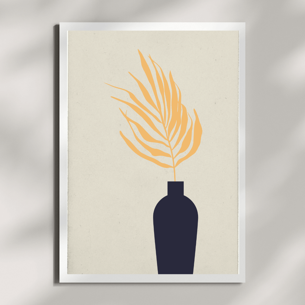 Minimalistisches Boho Poster mit Vase und Pflanzenmotiv in Beige und Schwarz, Teil eines 3er Sets A4.