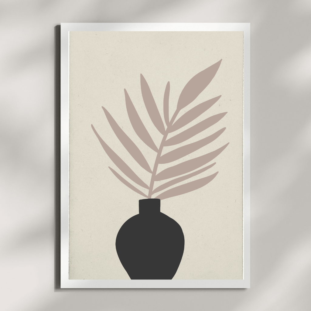 Minimalistische Boho Poster mit einer Pflanze in einem schwarzen Vase auf beigem Hintergrund - Boho Poster.