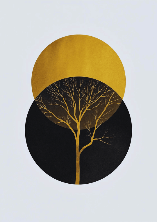 Boho Wandbild Gold – Elegantes Poster mit stilisiertem Baum und Kreisformen in Schwarz und Gold.