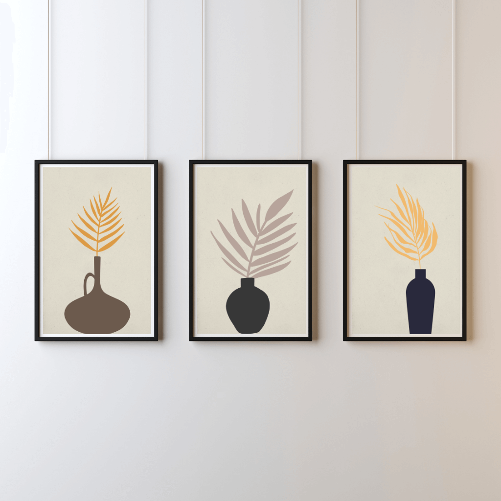 Minimalistische Wandbilder A4 3er Set – Boho Poster Beige | Made in Germany, moderne Vasen und Pflanzenmotive.
