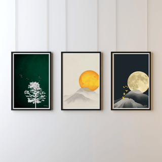 Moderne Natur Kunstdrucke - A4 Calm Collection, 3er Set mit Baum, Sonne und Mond, minimalistische Kunstprints.