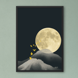 Kunstdruck Poster A4 – drift | moderne minimalistische Wandkunst mit Berglandschaft und Mond