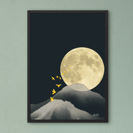 Kunstdruck Poster A4 – drift | moderne minimalistische Wandkunst mit Berglandschaft und Mond