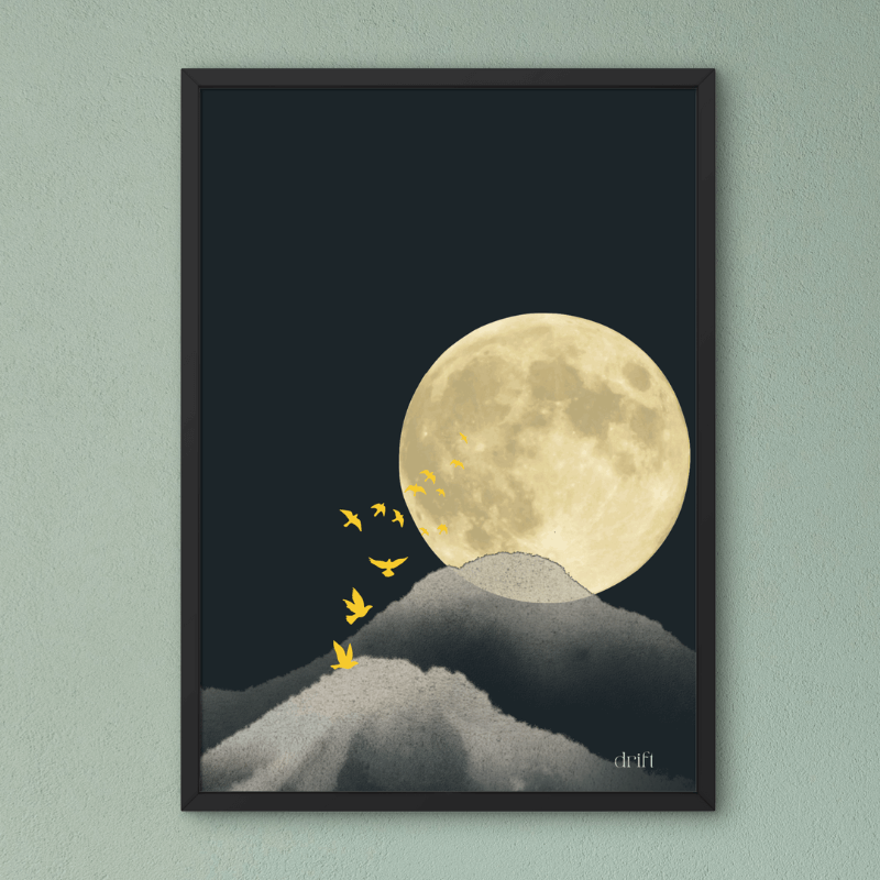 Kunstdruck Poster A4 – drift | moderne minimalistische Wandkunst mit Berglandschaft und Mond