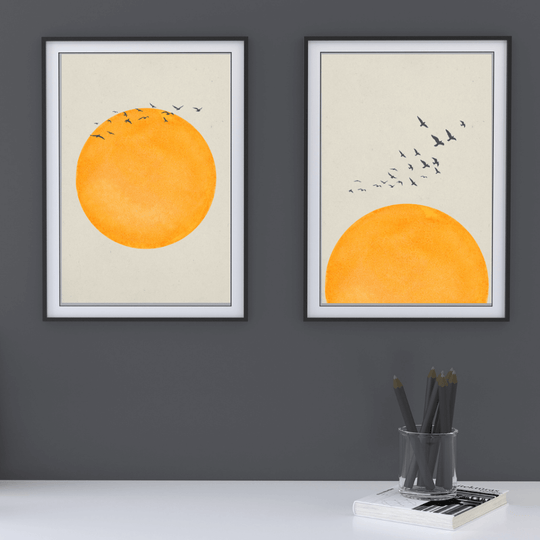 Minimal Art Poster A4 Set mit sonnigen Naturmotiven in modernem Rahmen für Wanddekoration.