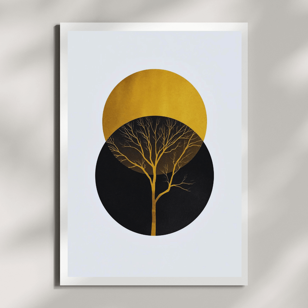 Boho Wandbild Gold – Minimalistisches Poster mit stilisiertem Baum in Gold und Schwarz