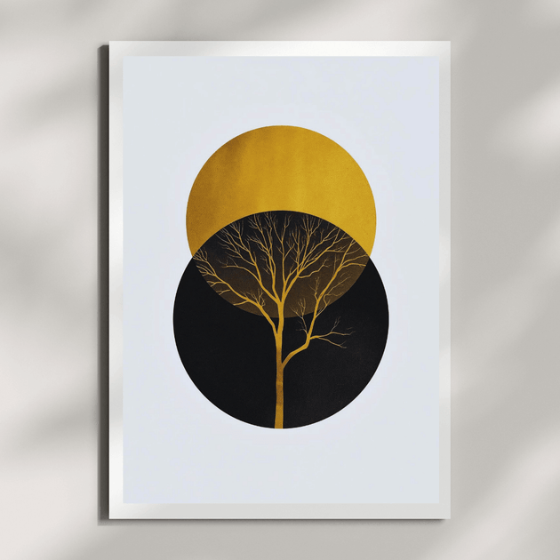Boho Wandbild Gold – Minimalistisches Poster mit stilisiertem Baum in Gold und Schwarz