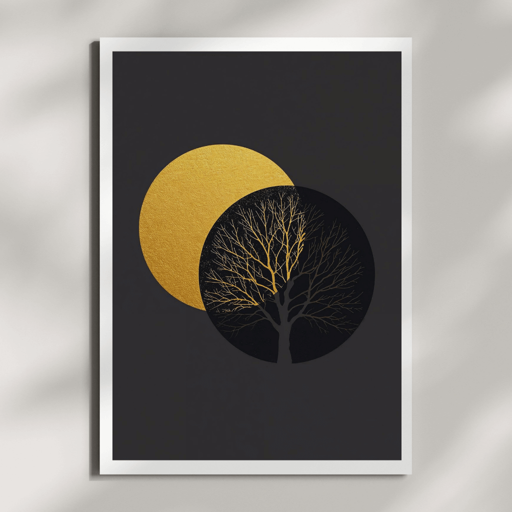 Boho Wandbild mit goldenem Baum und geometrischen Formen auf schwarzem Hintergrund A4