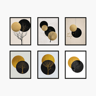 Boho Poster Set mit 6 Wandbildern in Gold und Schwarz, Baum-Silhouetten und geometrischen Kreisformen