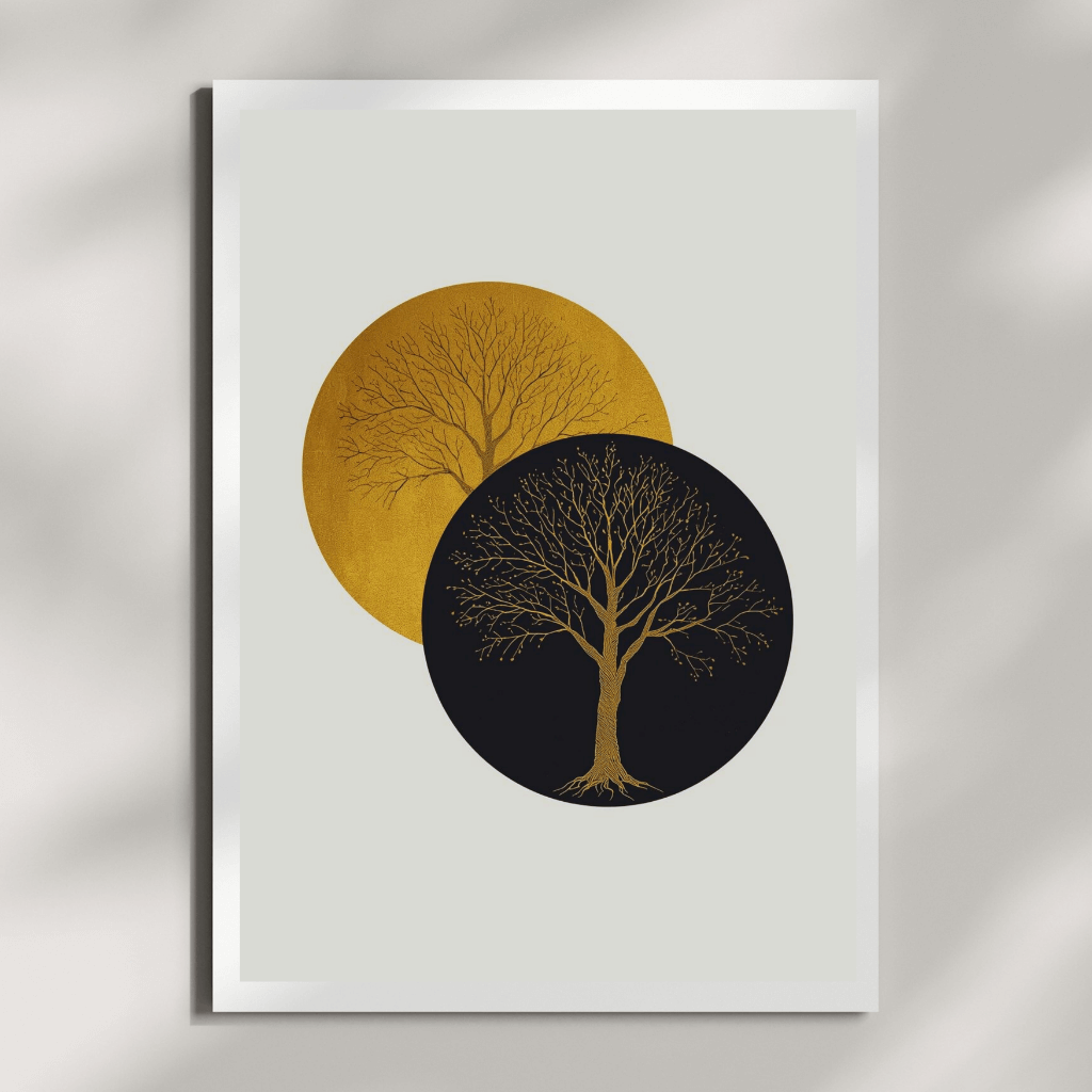 Boho Poster Set – Elegantes Wandbild mit goldenen und schwarzen Baum-Silhouetten im runden Design.