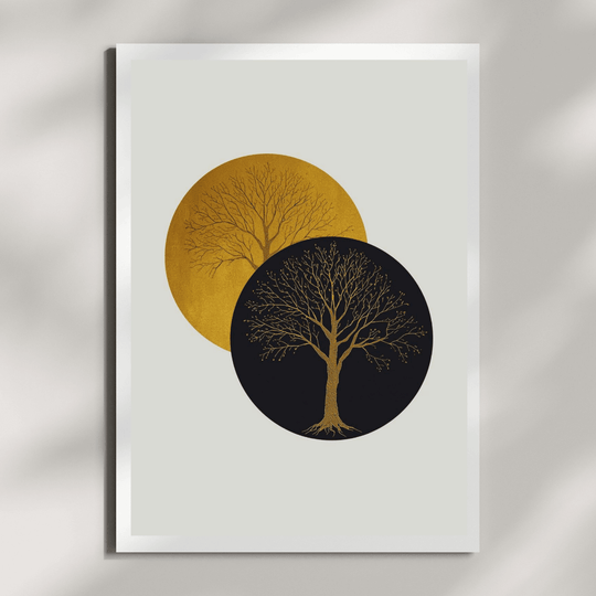 Boho Poster Set – Elegantes Wandbild mit goldenen und schwarzen Baum-Silhouetten im runden Design.