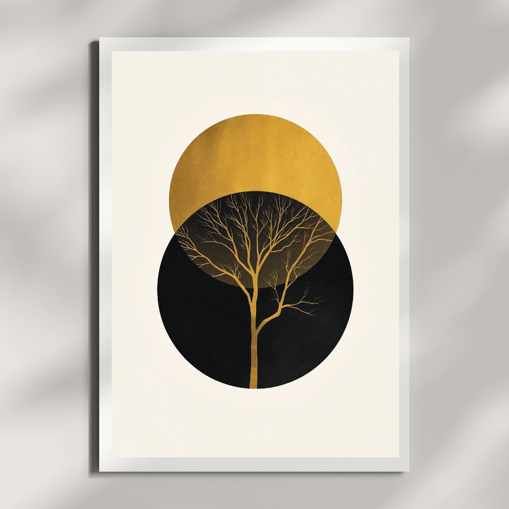 Boho Poster Set – elegantes Wandbild mit Baum-Silhouette und geometrischen Formen in Gold und Schwarz.