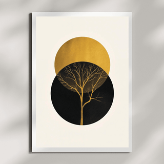 Boho Poster Set – elegantes Wandbild mit Baum-Silhouette und geometrischen Formen in Gold und Schwarz.