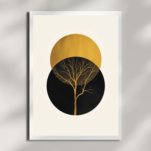 Boho Poster Set – elegantes Wandbild mit Baum-Silhouette und geometrischen Formen in Gold und Schwarz.