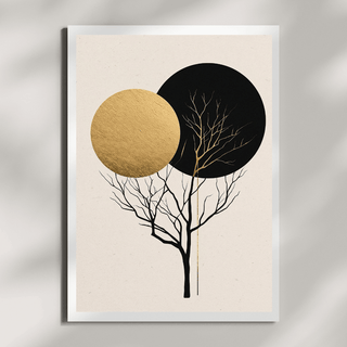 Boho Poster Set mit goldener und schwarzer Baum-Silhouette in geometrischen Formen, modernes Wandbild für stilvolle Dekoration.