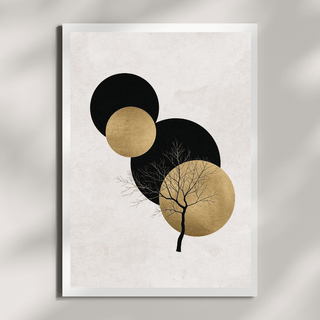 Boho Poster Set – Gold Baum Silhouette mit geometrischen Formen in Schwarz und Gold.