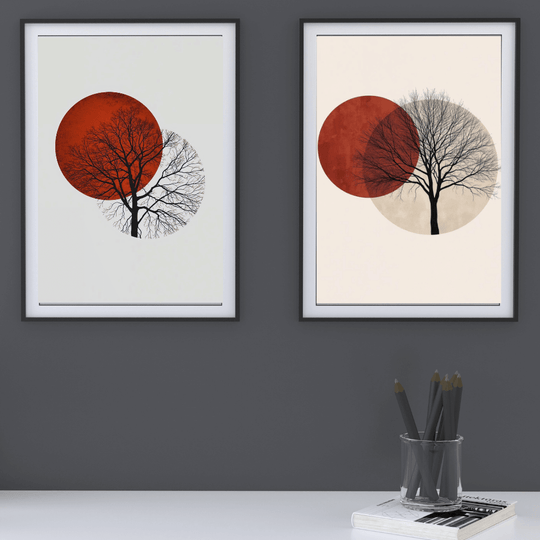 Boho Natur Wandbilder – 2er Set mit Baum-Silhouetten und überlagerten Sonnenformen