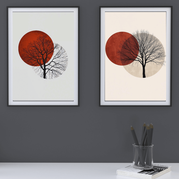 Boho Natur Wandbilder – 2er Set mit Baum-Silhouetten und überlagerten Sonnenformen
