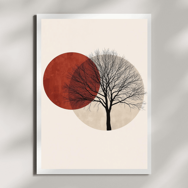 Boho Natur Wandbilder – Baum Silhouette vor warmen, überlagerten Sonnenformen in minimalistischer Gestaltung