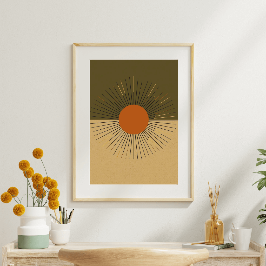 Boho Wandbild Set mit Sunburst Sonne in Terracotta-Farben, ideal für eine moderne Wohnatmosphäre.
