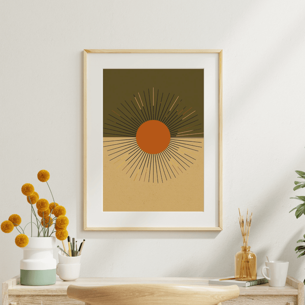 Boho Wandbild Set mit Sunburst Sonne in Terracotta-Farben, ideal für eine moderne Wohnatmosphäre.