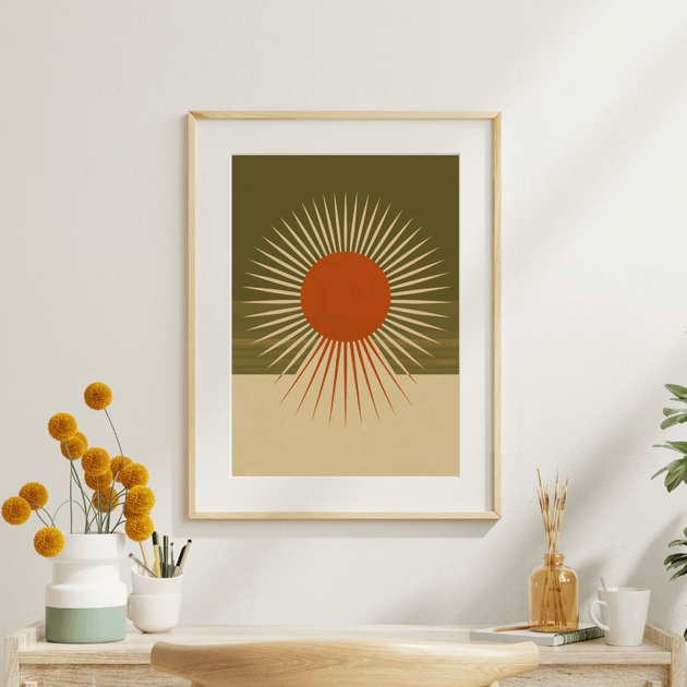 Boho Wandbild Set – stilvolles Sunburst Sonne Poster A4 in Terracotta, Olive und Sandtönen.