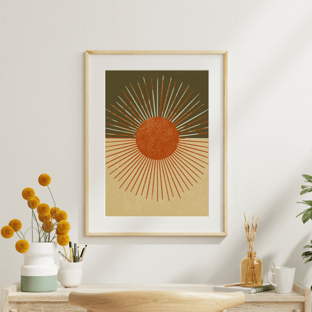 Boho Wandbild Set – Sunburst Sonne Poster in Terracotta, Oliv und Sandtönen für eine warme moderne Atmosphäre