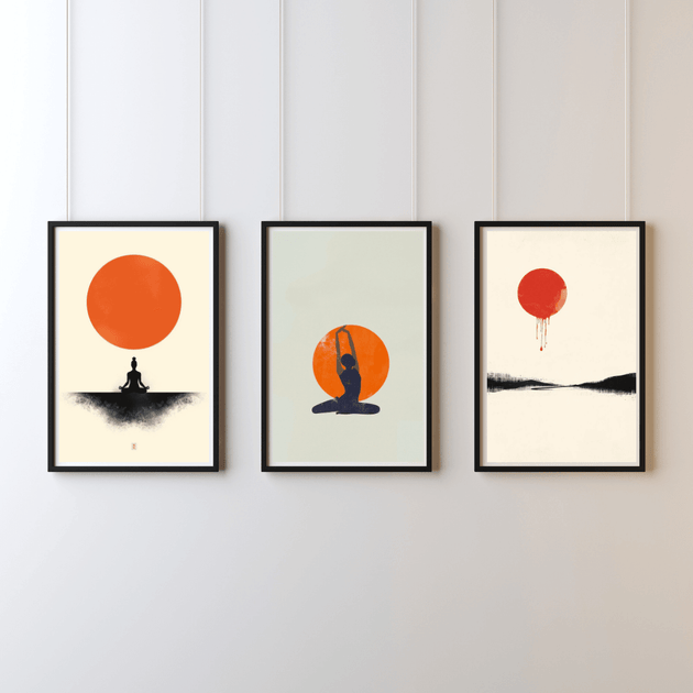 Minimalistische Art Prints (3er Set, A4) - Zen Series, harmonische Wandkunst mit Meditation, Yoga und Landschaft.