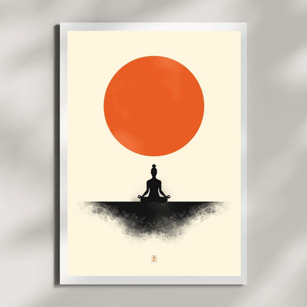 Minimalistische Art Prints (3er Set, A4) - Zen Series mit Meditationsmotiv und roter Sonne.