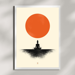Minimalistische Art Prints (3er Set, A4) - Zen Series mit Meditationsmotiv und roter Sonne.
