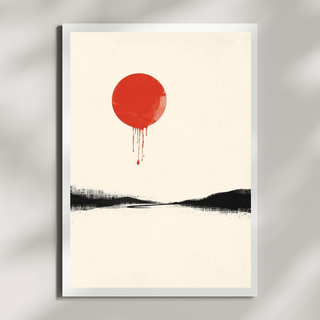 Minimalistische Art Prints (3er Set, A4) - Zen Series mit roter Sonne und Landschaft in ruhigeren Farben.