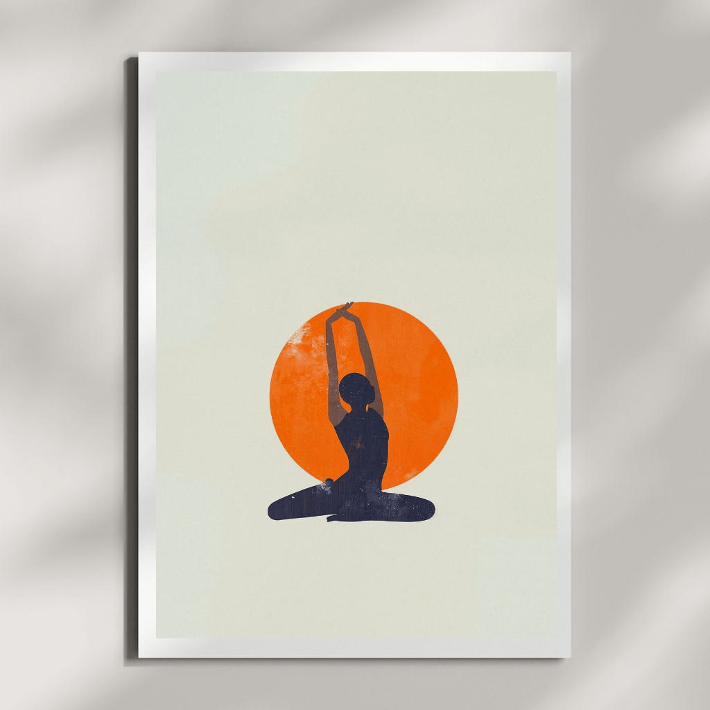 Minimalistische Art Prints (3er Set, A4) - Zen Series, Yoga-Motiv mit orangefarbener Sonne.