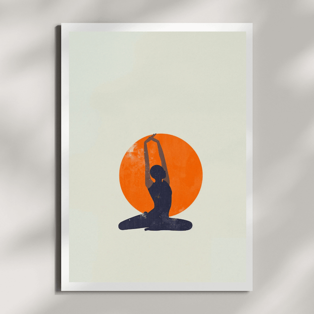 Minimalistische Art Prints (3er Set, A4) - Zen Series, Yoga-Motiv mit orangefarbener Sonne.
