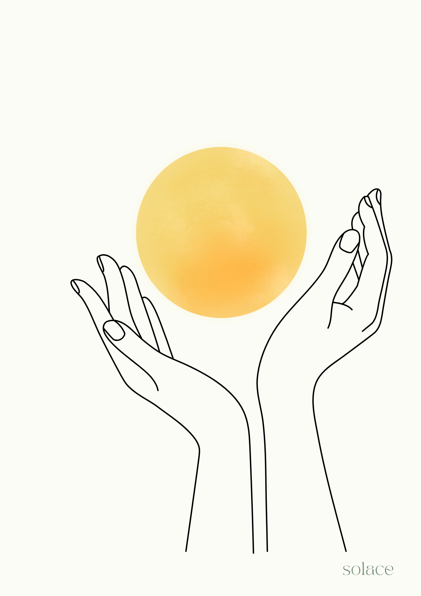 Minimalistisches Japandi Poster „Solace“ mit Händen, die eine goldene Sonne halten, A4 Kunstdruck.