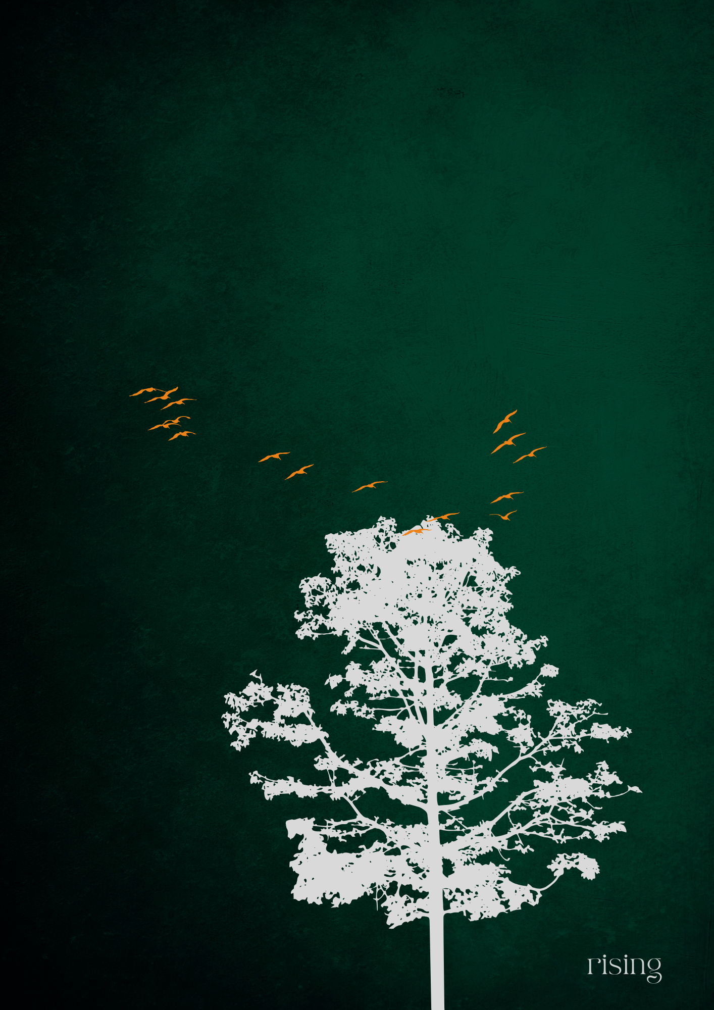 Poster Naturmotiv – Minimal Japandi Art „Rising“ – Abstrakte Wandkunst mit Baum und Vögeln auf grünem Hintergrund.