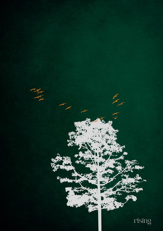 Poster Naturmotiv – Minimal Japandi Art „Rising“ – Abstrakte Wandkunst mit Baum und Vögeln auf grünem Hintergrund.