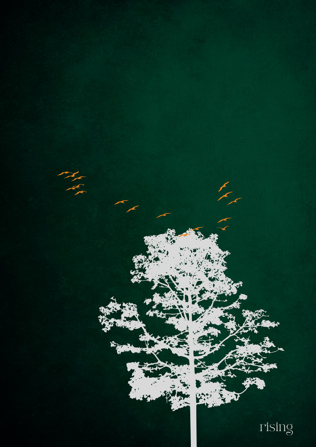 Poster Naturmotiv – Minimal Japandi Art „Rising“ – Abstrakte Wandkunst mit Baum und Vögeln auf grünem Hintergrund.