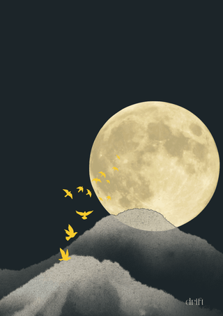 Kunstdruck Poster A4 – drift | moderne minimalistische Wandkunst mit Mond und Vögeln in Berglandschaft