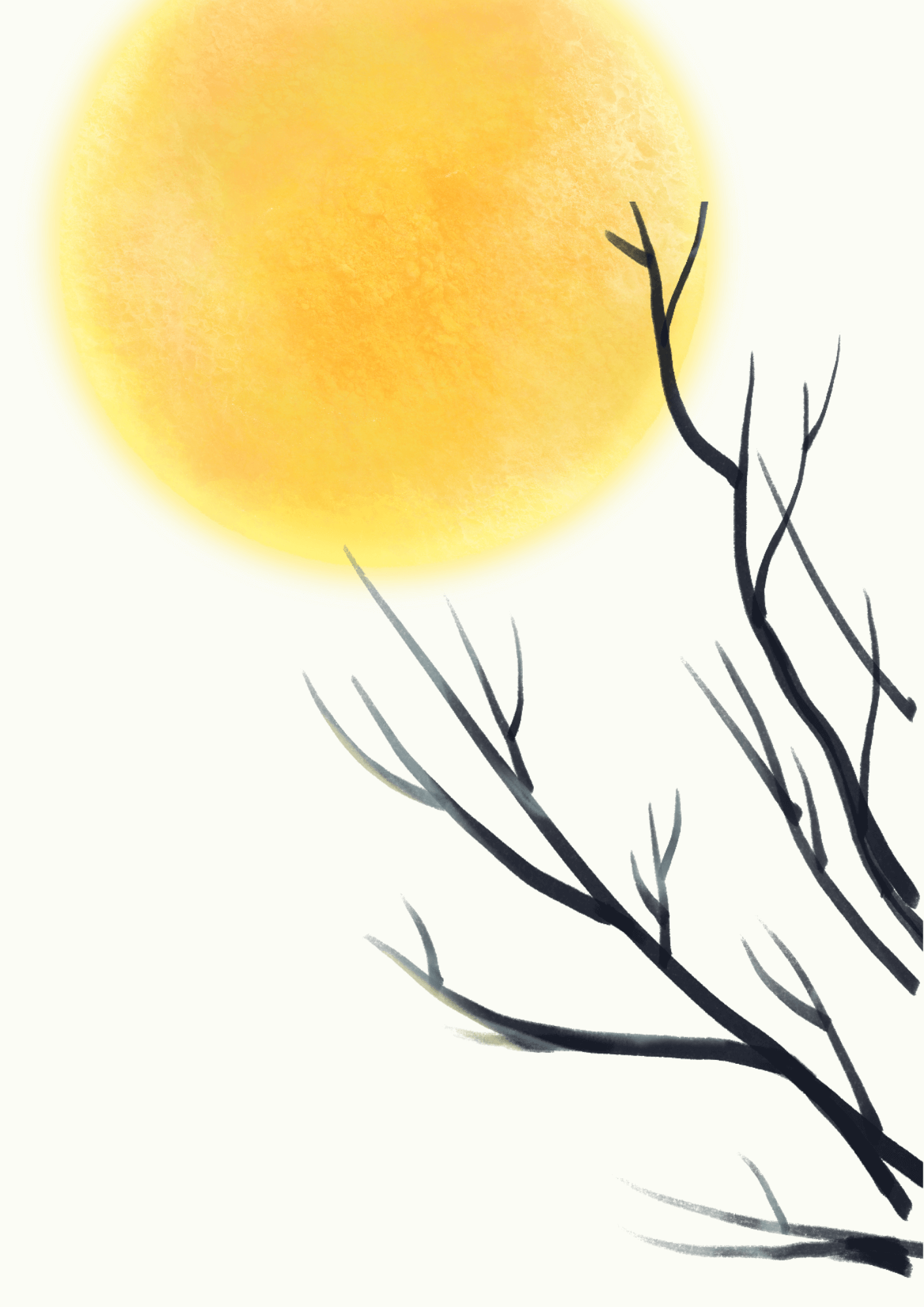 Minimalistischer Kunstdruck mit leuchtendem Mond und dunklen Zweigen für ruhige Wandgestaltung.