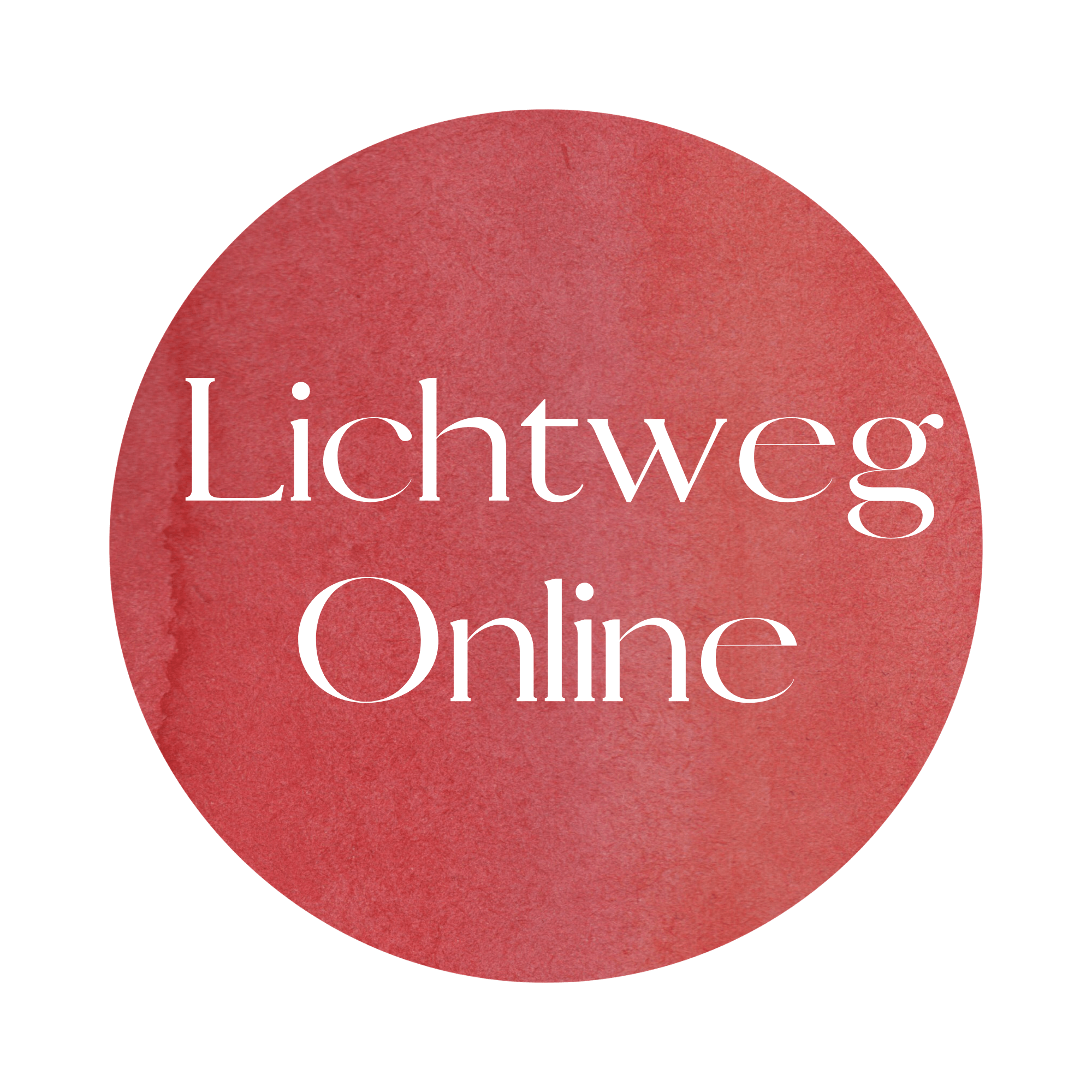 Runder, roter Hintergrund mit weißem Schriftzug 'Lichtweg Online', symbolisiert digitale Lichtwege.