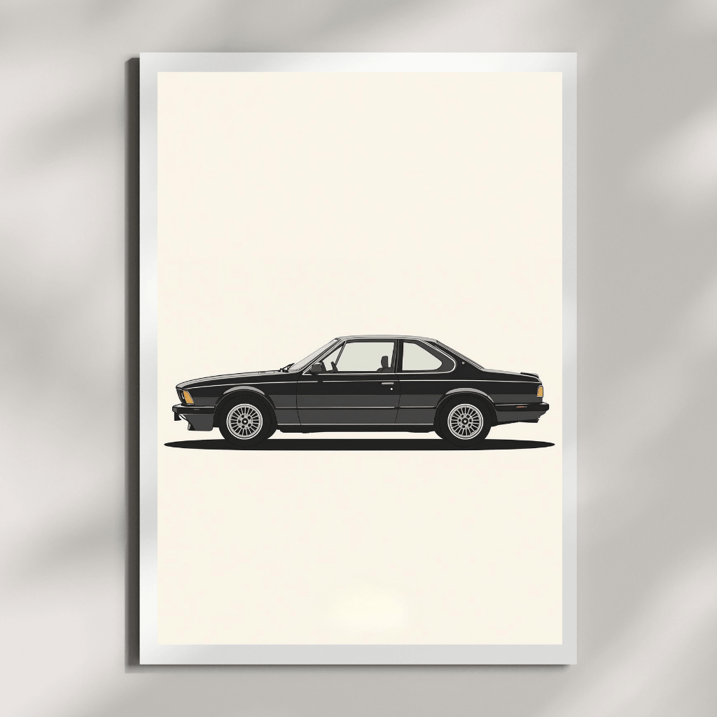 BMW 6er E24 Silhouette | Minimalistischer Fine Art Print A4 in schwarzer Farbe