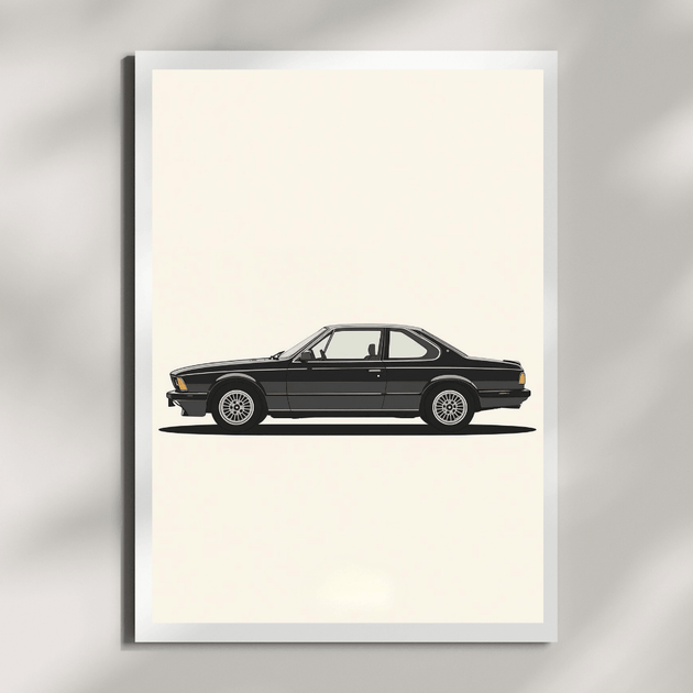 BMW 6er E24 Silhouette | Minimalistischer Fine Art Print A4 in schwarzer Farbe