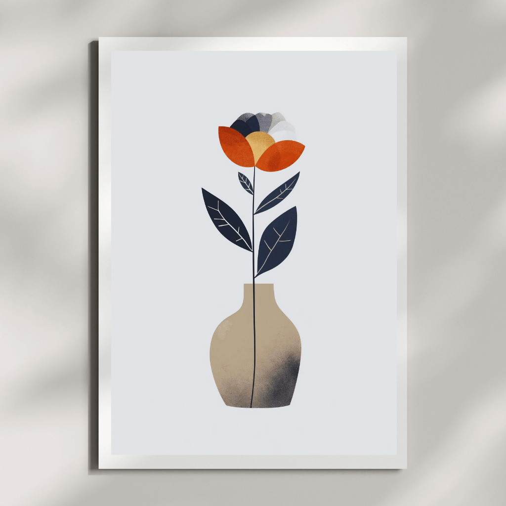 Boho Blumen Kunstdruck mit Vase – Modernes Floral Wandbild A4 in warmen Terracottatönen.