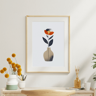 Boho Blumen Kunstdruck mit Vase in warmen Naturtönen – modernes florales Wandbild im skandinavischen Stil
