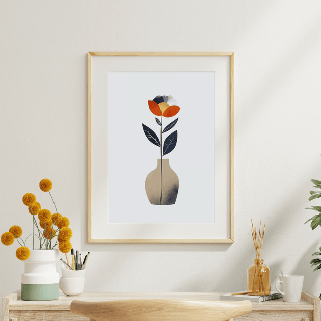 Boho Blumen Kunstdruck mit Vase in warmen Naturtönen – modernes florales Wandbild im skandinavischen Stil