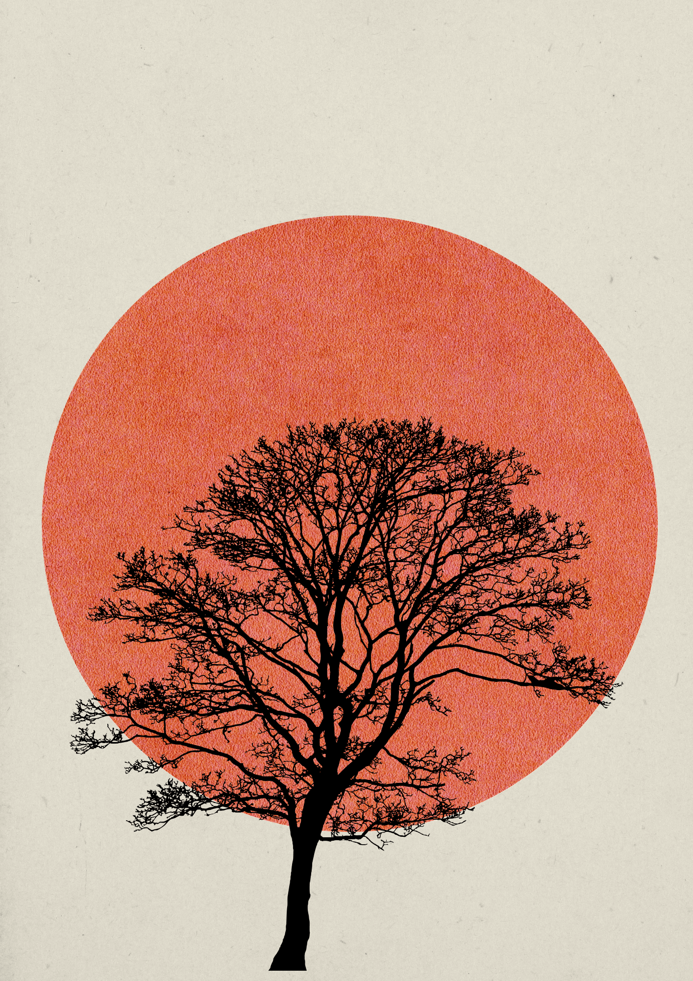 Natur Wandbild: Minimalistischer Baum vor roten Sonnenuntergang auf hellem Hintergrund, ruhige und entspannende Atmosphäre.