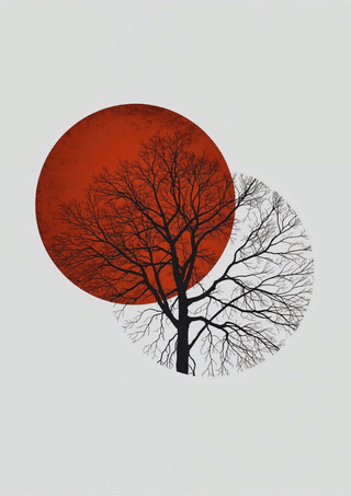 Zen Wandbild Baum – minimalistisches Design mit Baum und Sonnenmotiven in Rot und Schwarz