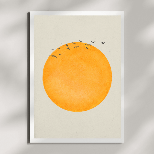 Minimalistischer Kunstdruck Sonne mit Vögeln – A4 Poster für moderne Wanddeko und natürliche Wohnräume.